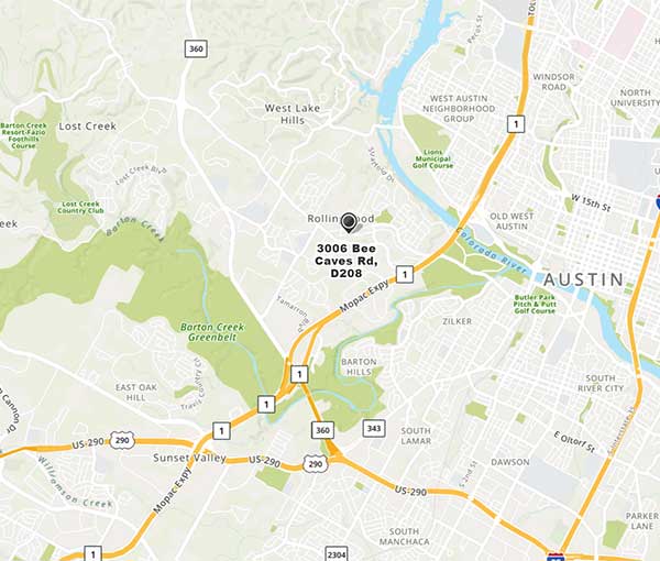Map to Psychiatry Austin at 3006 Bee Caves Rd., D208, Austin, Texas